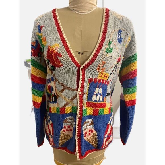 Colorful Circus Theme Knit Cardigan Sweater by Belle Point Students size L - Picture 1 of 11